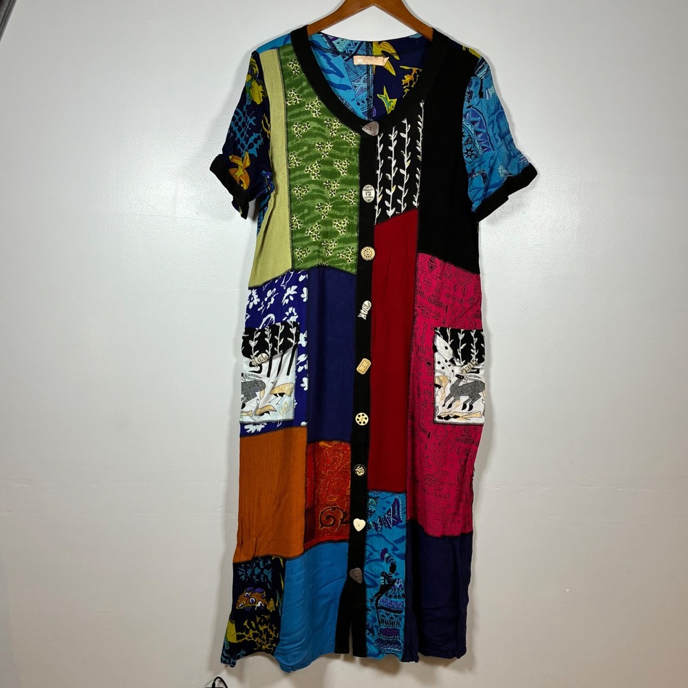 La Cera Patchwork Dress L Midi Button Front Novelty Boho Artsy Eclectic Hippie